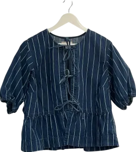 SimplyBe Striped Blue Tie Front Denim Peplum Blouse UK 16