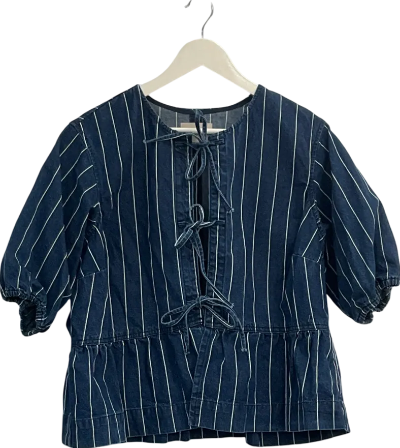 SimplyBe Striped Blue Tie Front Denim Peplum Blouse UK 16