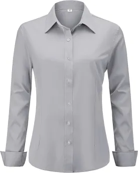 Soft Wrinkle-Free Women's Button Down Dress Shirts Solid Long Sleeve Work Blouses Fit Stretch Casual Tops XXS-4XL