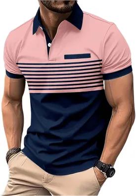 SOLY HUX Men's Golf Shirts Short Sleeve Striped Collared T Shirt Casual Work Shirts