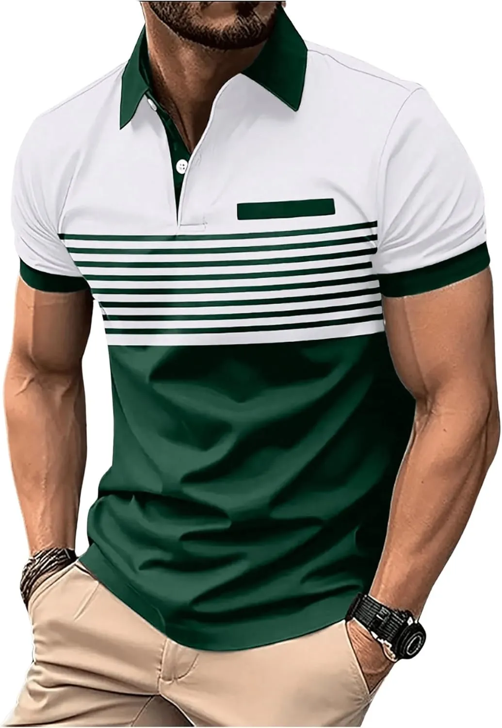 SOLY HUX Men's Golf Shirts Short Sleeve Striped Collared T Shirt Casual Work Shirts