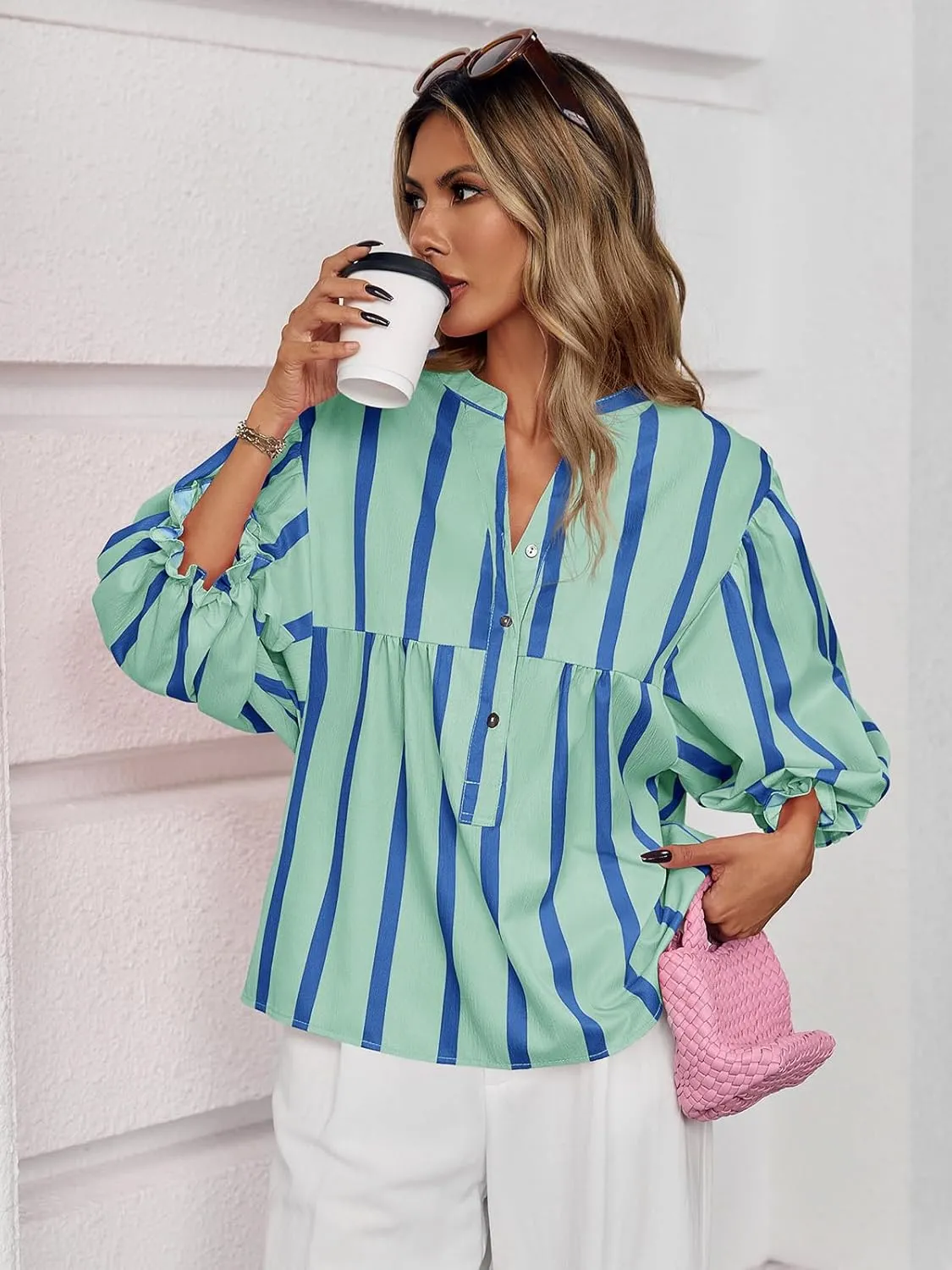 Tankaneo Womens Puff Sleeve Babydoll Tops Summer V Neck Striped Blouse Cute Casual Loose Fit Flowy Shirts
