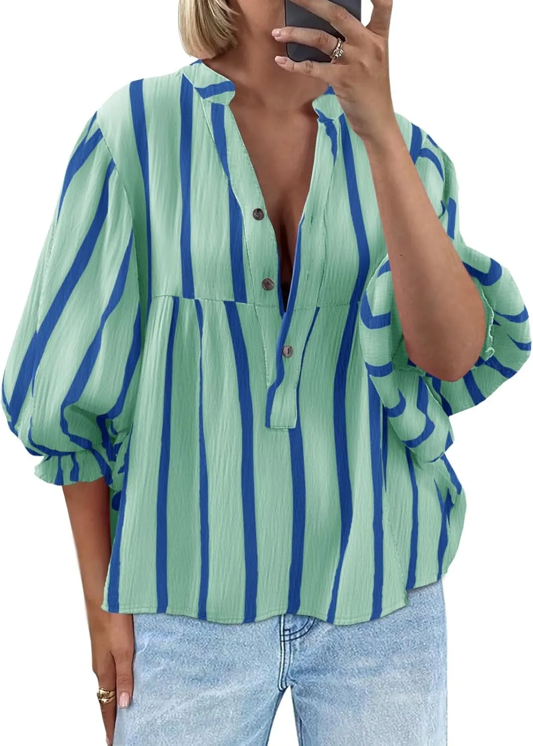 Tankaneo Womens Puff Sleeve Babydoll Tops Summer V Neck Striped Blouse Cute Casual Loose Fit Flowy Shirts