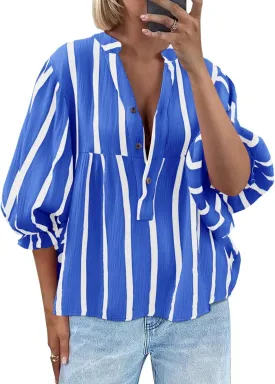 Tankaneo Womens Puff Sleeve Babydoll Tops Summer V Neck Striped Blouse Cute Casual Loose Fit Flowy Shirts