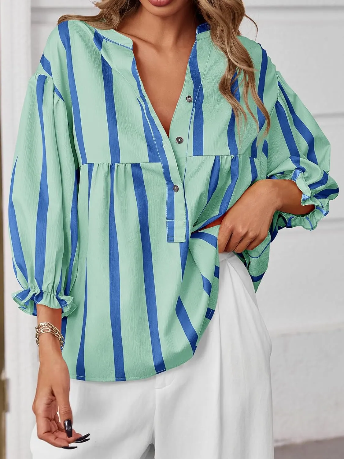 Tankaneo Womens Puff Sleeve Babydoll Tops Summer V Neck Striped Blouse Cute Casual Loose Fit Flowy Shirts