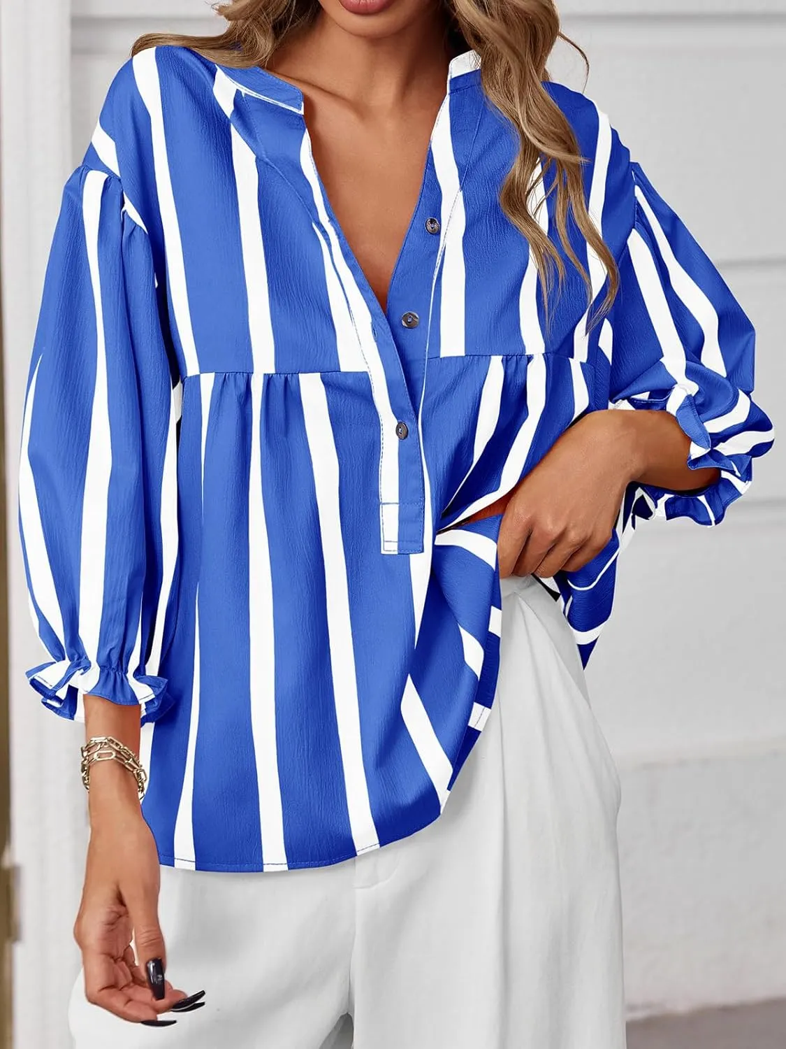 Tankaneo Womens Puff Sleeve Babydoll Tops Summer V Neck Striped Blouse Cute Casual Loose Fit Flowy Shirts