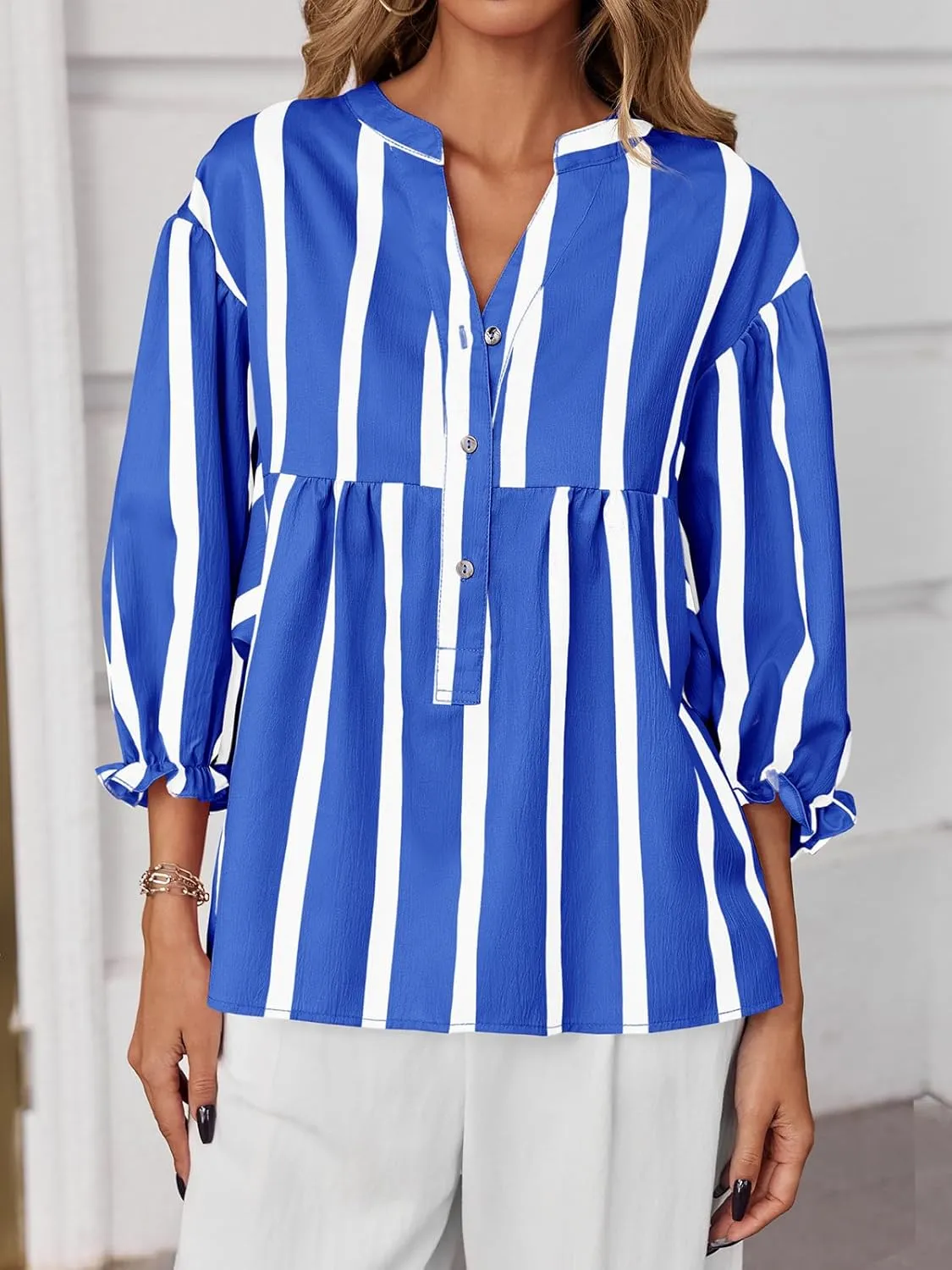 Tankaneo Womens Puff Sleeve Babydoll Tops Summer V Neck Striped Blouse Cute Casual Loose Fit Flowy Shirts