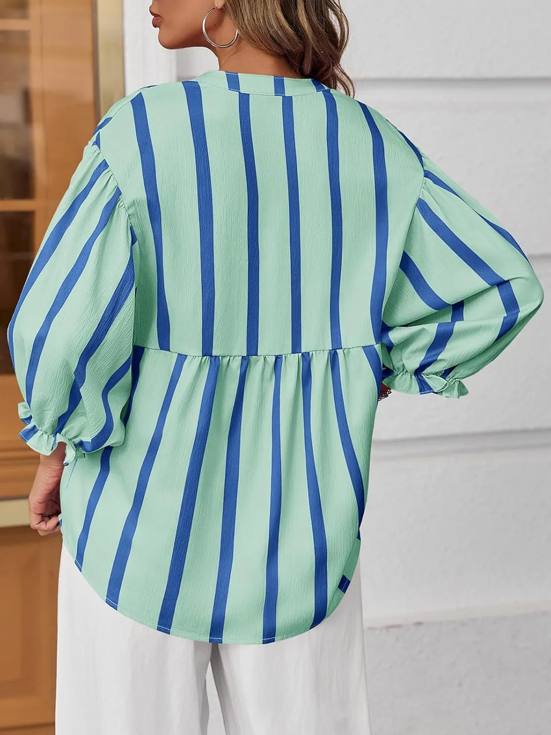 Tankaneo Womens Puff Sleeve Babydoll Tops Summer V Neck Striped Blouse Cute Casual Loose Fit Flowy Shirts