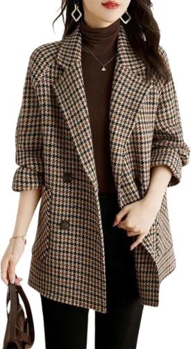 utcoco Womens Notched Lapel Pea Coat Double Breasted Blazer Jackets Houndstooth Woolen Blend Overcoat with Pockets