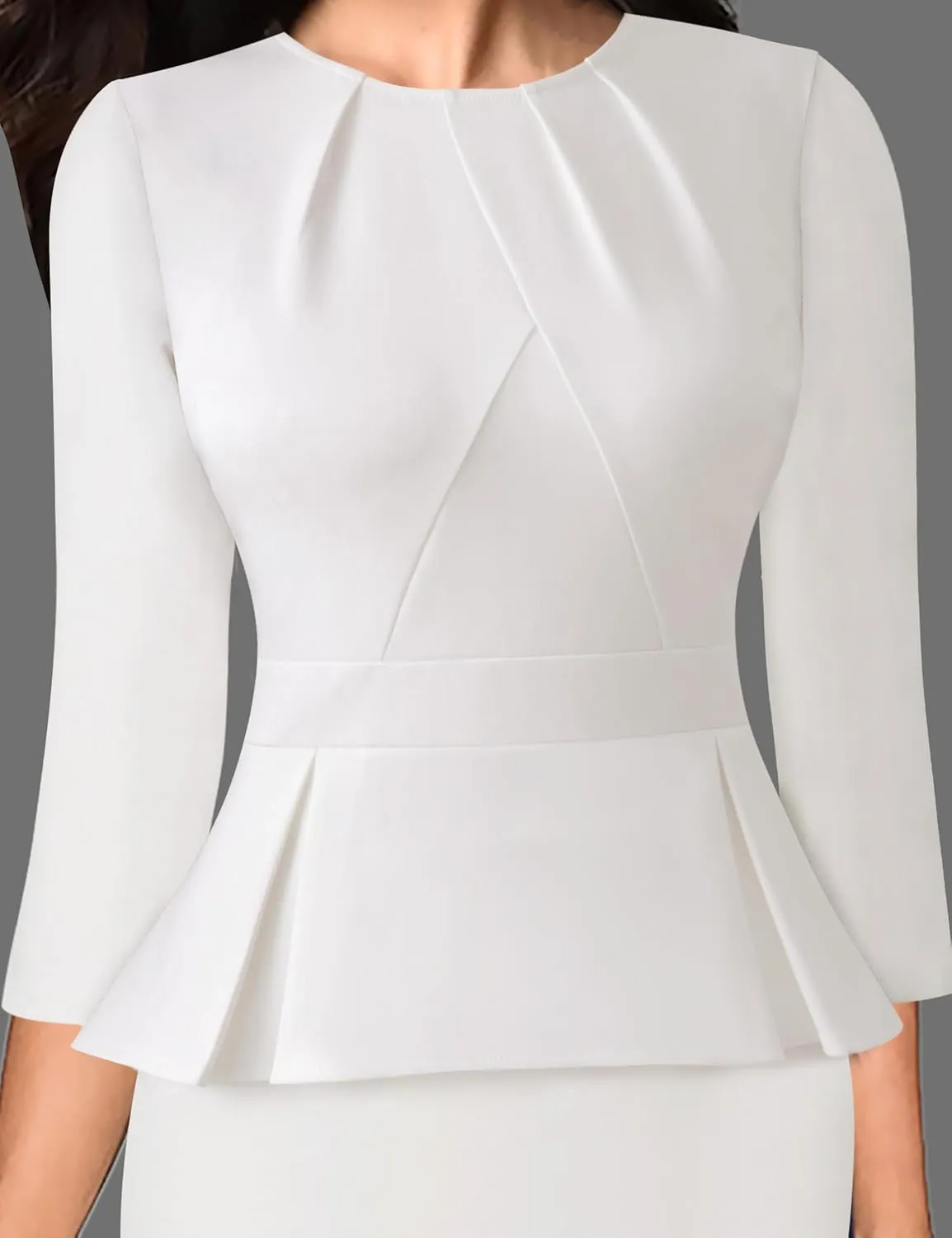VFSHOW Womens Pleated Crew Neck Peplum Work Business Office Bodycon Pencil Sheath Dress