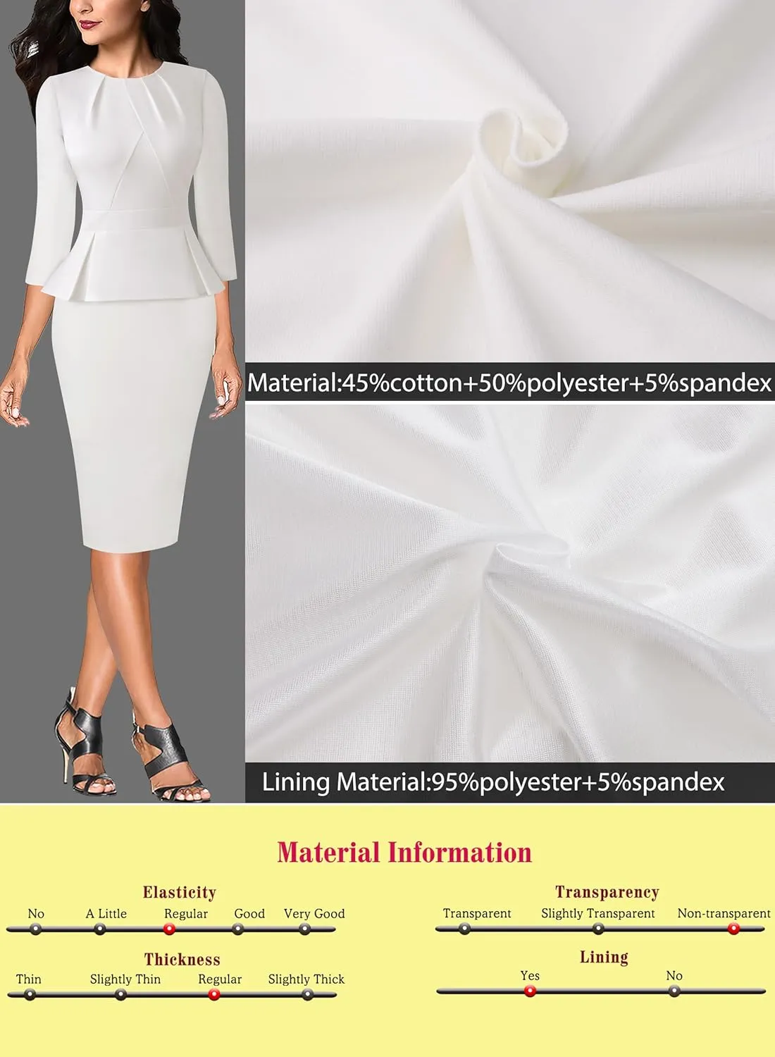 VFSHOW Womens Pleated Crew Neck Peplum Work Business Office Bodycon Pencil Sheath Dress