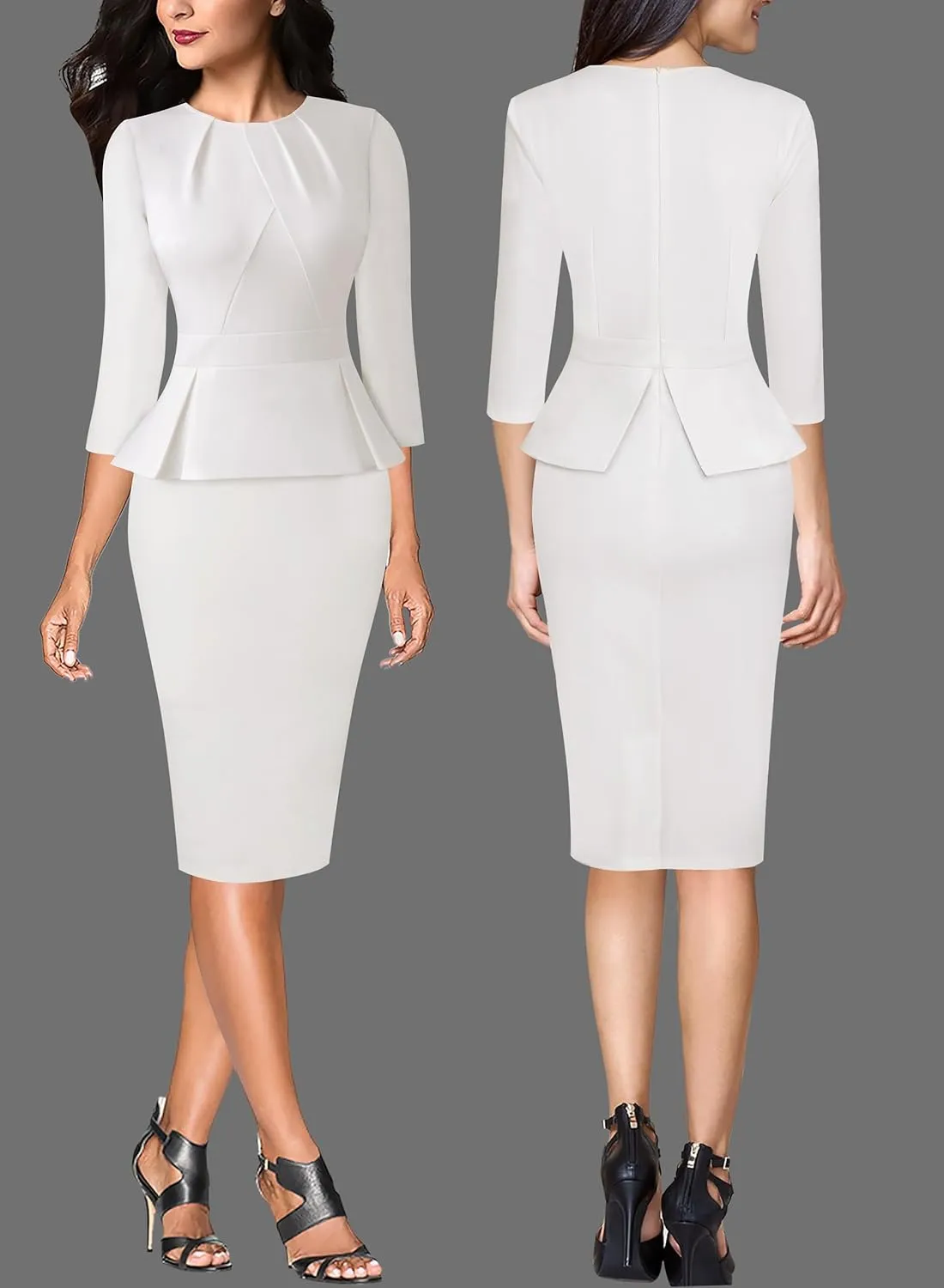 VFSHOW Womens Pleated Crew Neck Peplum Work Business Office Bodycon Pencil Sheath Dress