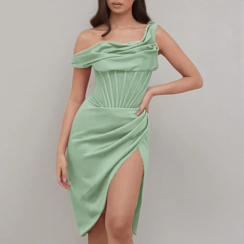 Women Sexy Ruffle One Shoulder High Split Bodycon Midi Dress Ruched Push Up Corset Satin Wedding Cocktail Party Club Dress