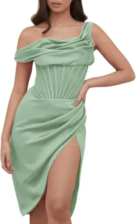 Women Sexy Ruffle One Shoulder High Split Bodycon Midi Dress Ruched Push Up Corset Satin Wedding Cocktail Party Club Dress