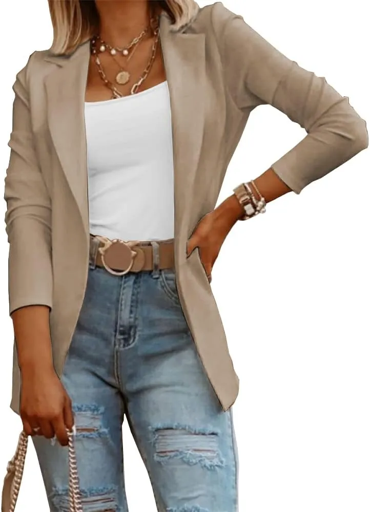 Womens Casual Long Sleeve Blazers Solid Color Knit Blazer Work Office Open Front Blazer Jacket