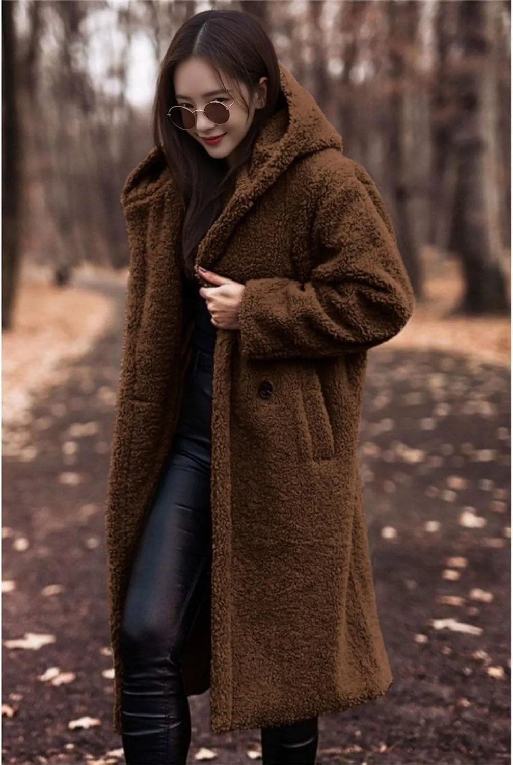 Womens Faux Fur Coat Winter Fuzzy Fleece Hooded Jacket Casual Loose Warm Button Down Sherpa Overcoat
