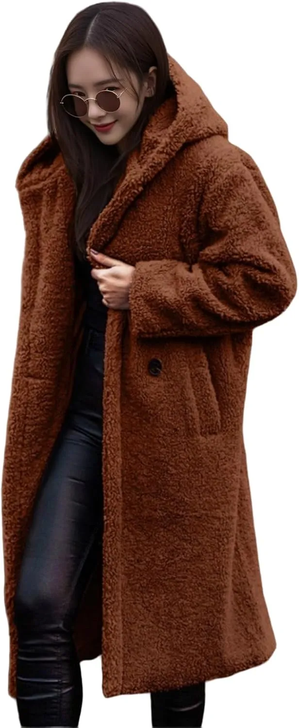 Womens Faux Fur Coat Winter Fuzzy Fleece Hooded Jacket Casual Loose Warm Button Down Sherpa Overcoat