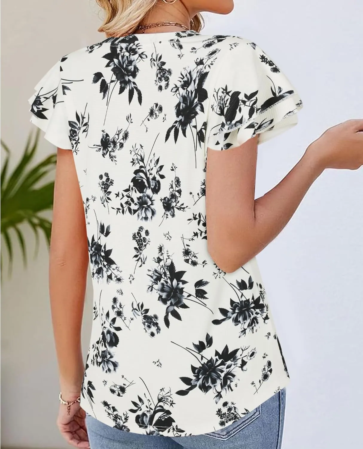Womens Ruffle Sleeve Tops Summer Dressy Casual V Neck Tunics for Leggings Sleeveless Blouses Shirts