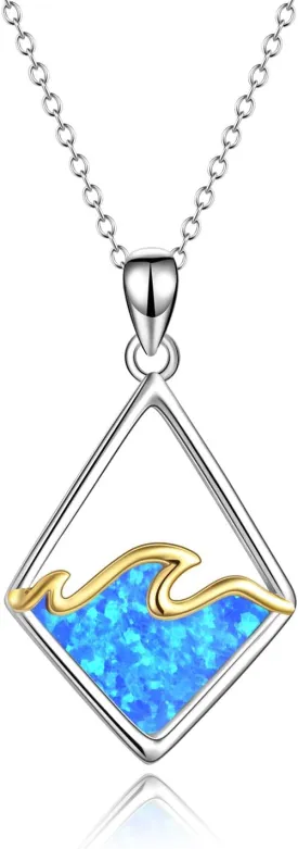 YAFEINI Sterling Silver Ocean Wave Necklace Created Blue Opal Pendant Ocean Jewelry Beach Gifts for Women