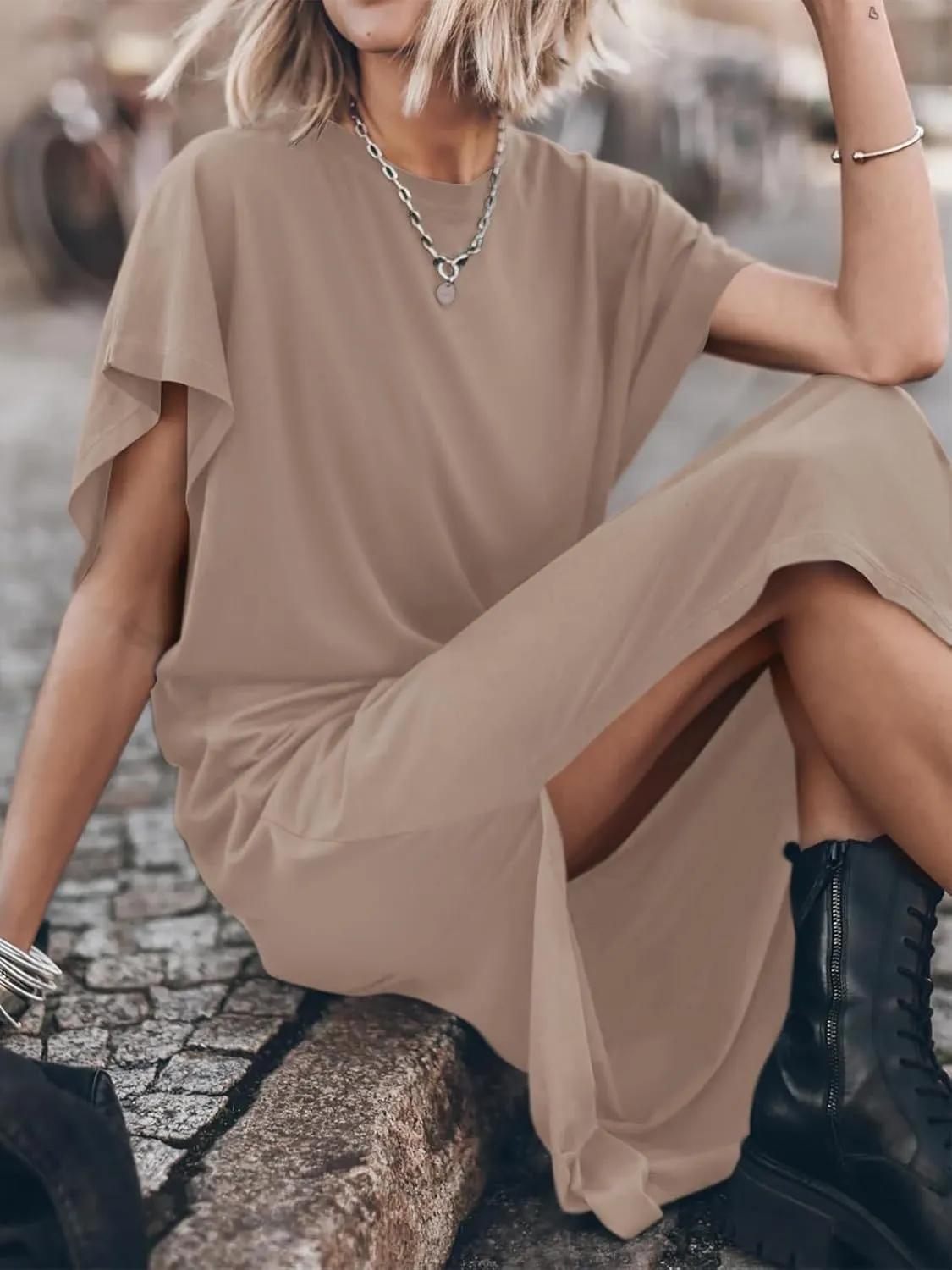 Yousify Women's Summer Maxi Dress T-Shirt Cap Sleeve Crewneck Casual Loose Slit Side Long Beach Vacation Dresses
