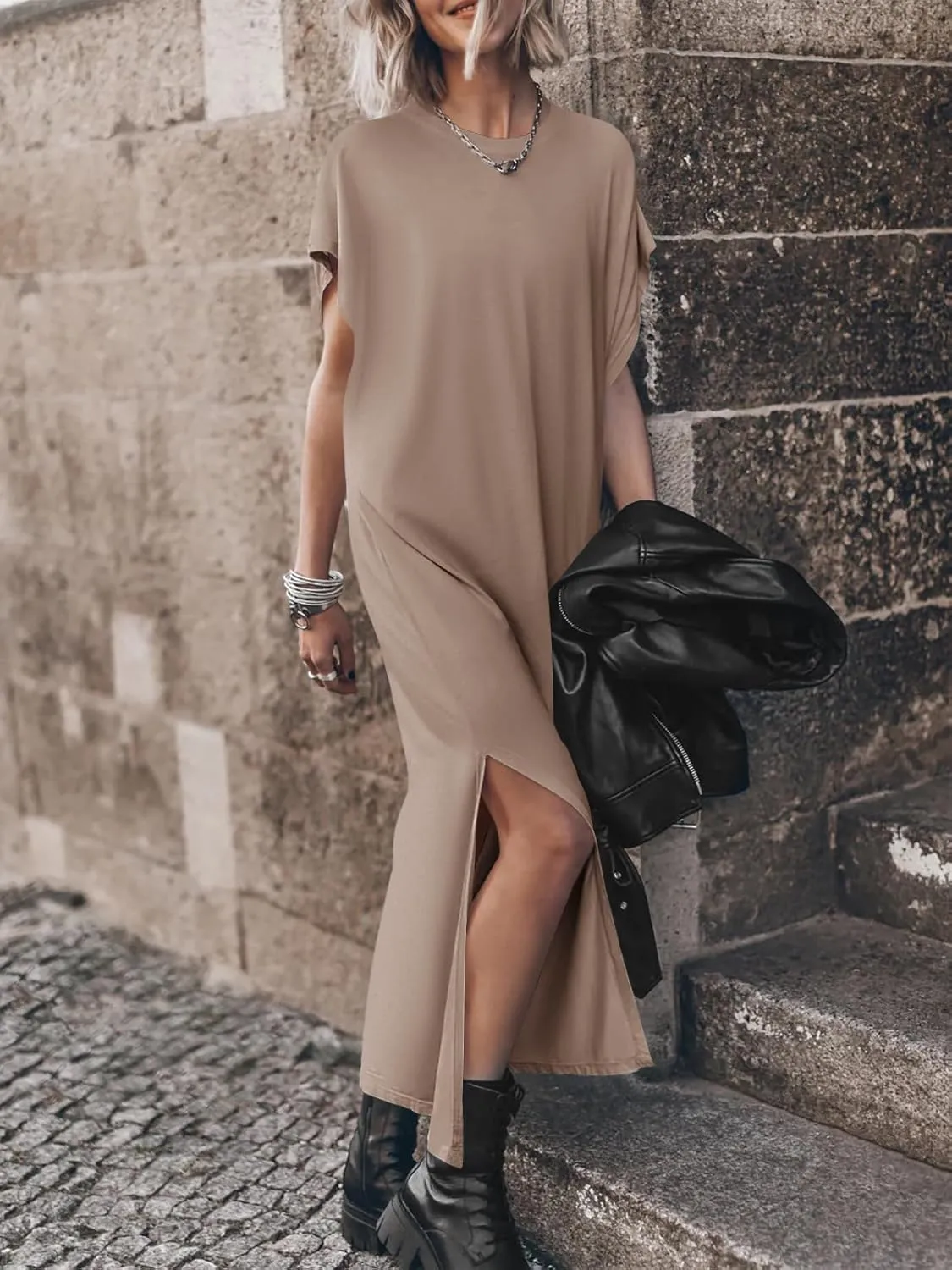 Yousify Women's Summer Maxi Dress T-Shirt Cap Sleeve Crewneck Casual Loose Slit Side Long Beach Vacation Dresses