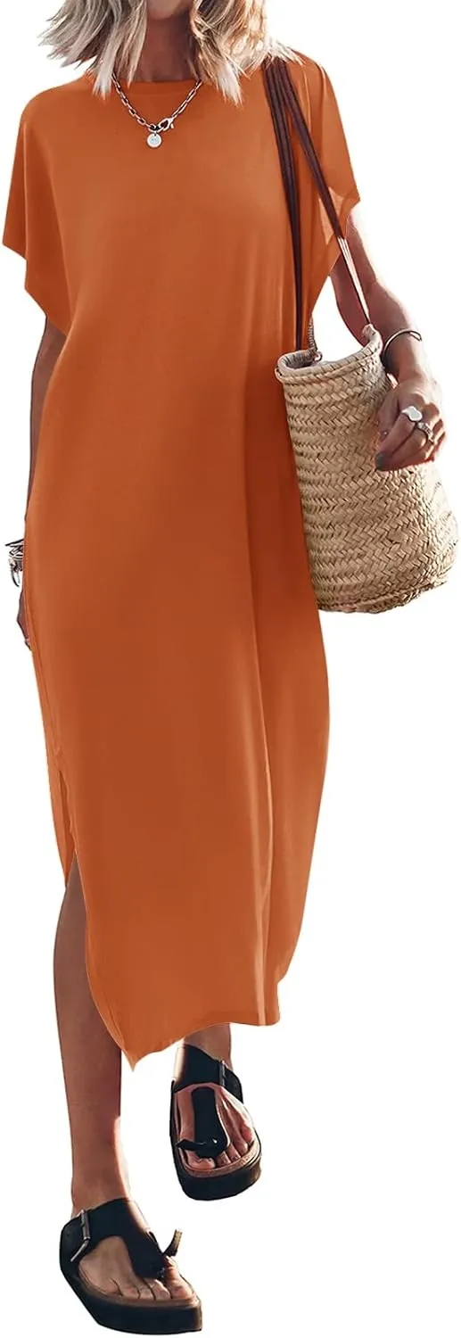 Yousify Women's Summer Maxi Dress T-Shirt Cap Sleeve Crewneck Casual Loose Slit Side Long Beach Vacation Dresses
