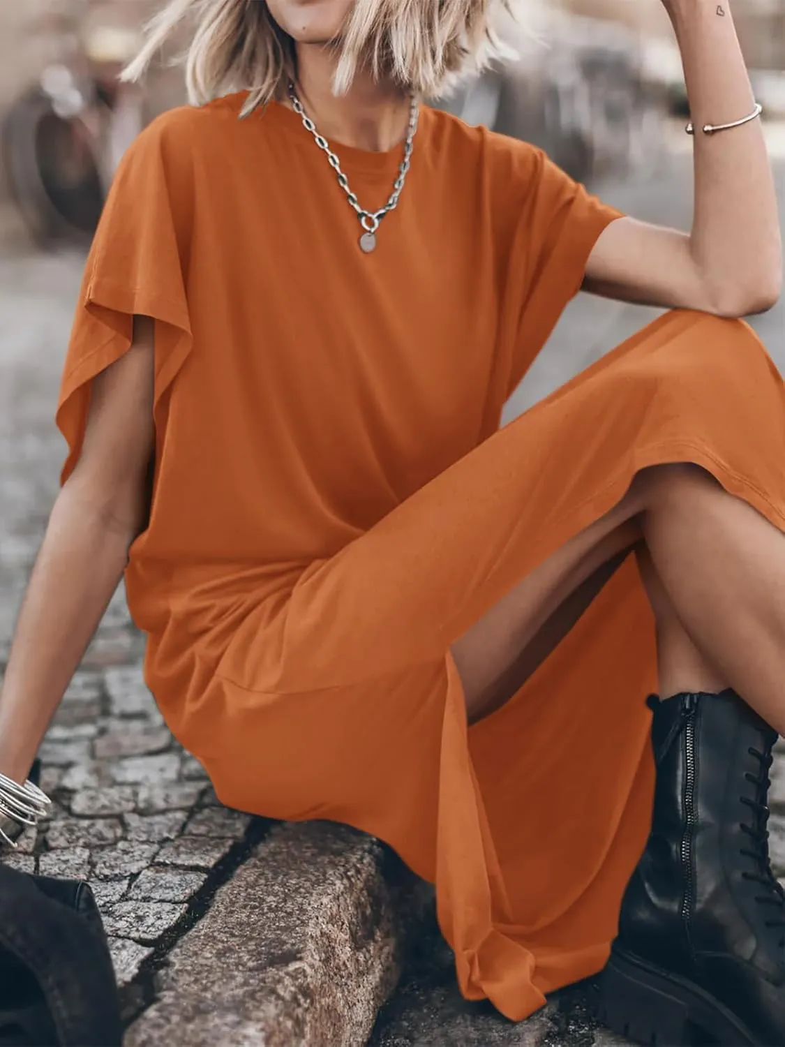 Yousify Women's Summer Maxi Dress T-Shirt Cap Sleeve Crewneck Casual Loose Slit Side Long Beach Vacation Dresses