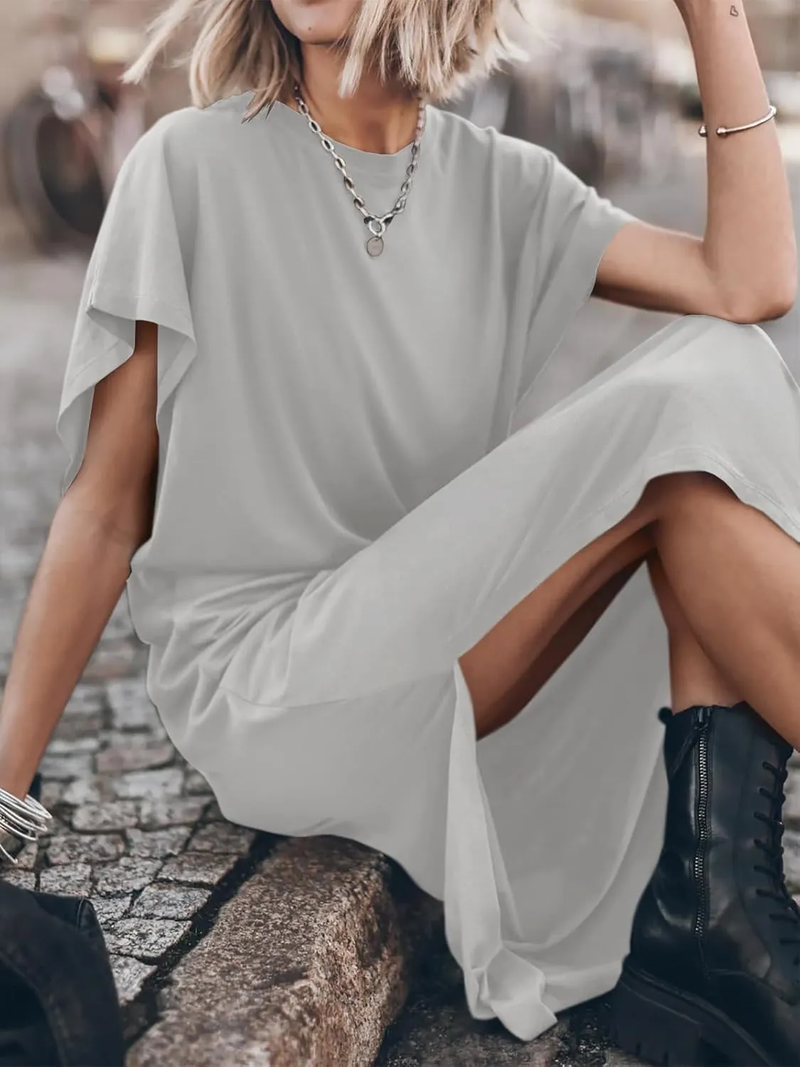Yousify Women's Summer Maxi Dress T-Shirt Cap Sleeve Crewneck Casual Loose Slit Side Long Beach Vacation Dresses