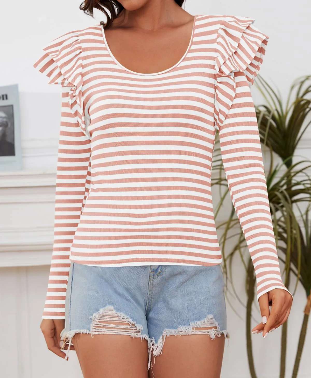 ZESICA Womens Ruffle Long Sleeve Scoop Neck Shirt Striped Slim Fitted Casual Basic Tee Tops Trendy Spring Clothes