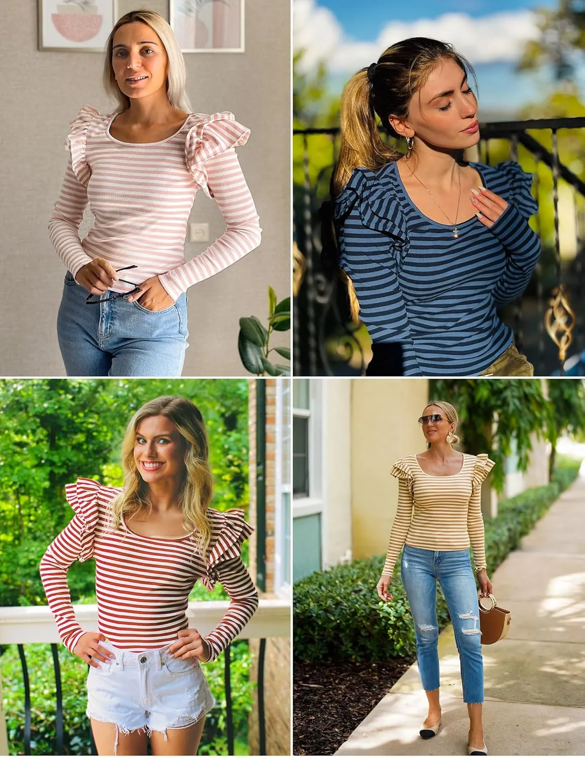 ZESICA Womens Ruffle Long Sleeve Scoop Neck Shirt Striped Slim Fitted Casual Basic Tee Tops Trendy Spring Clothes