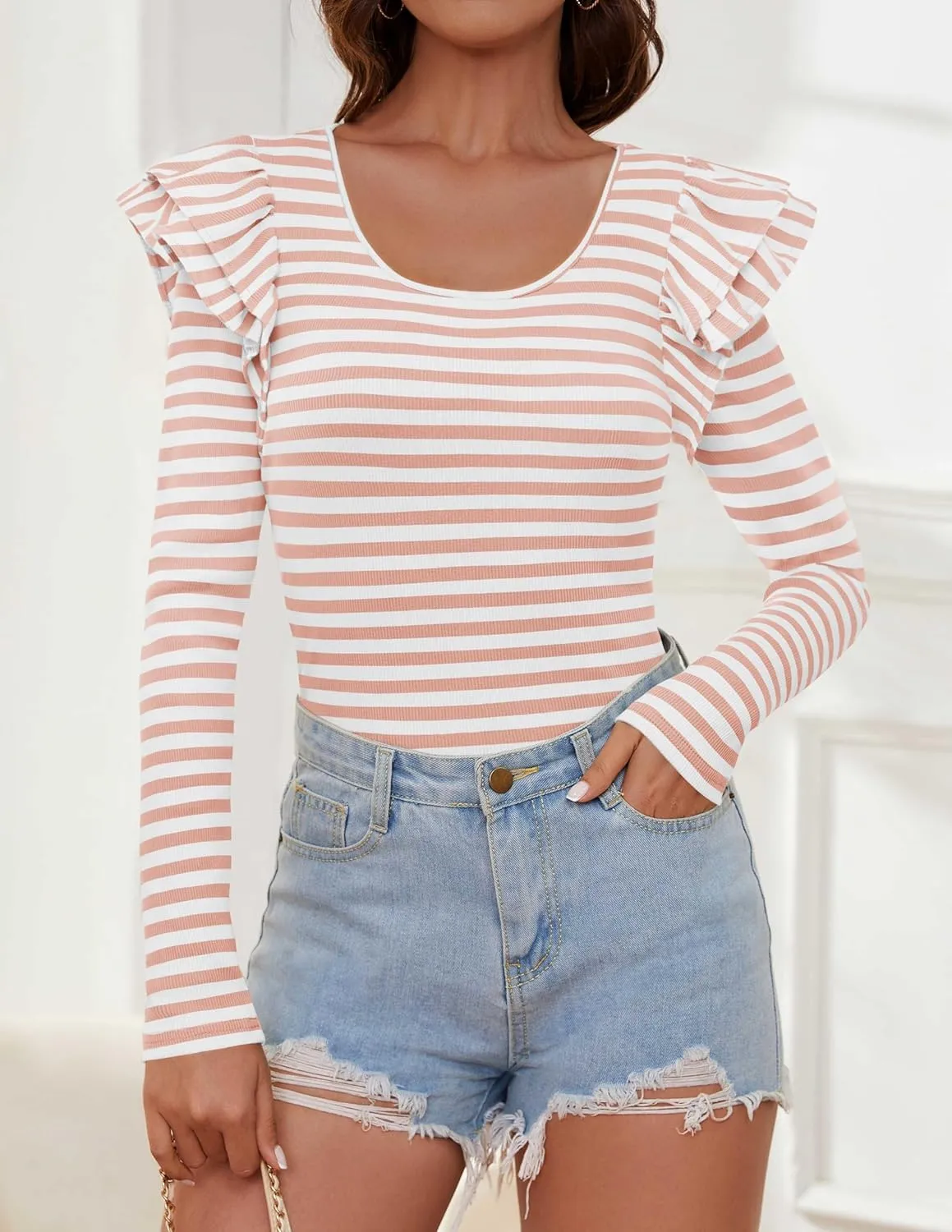 ZESICA Womens Ruffle Long Sleeve Scoop Neck Shirt Striped Slim Fitted Casual Basic Tee Tops Trendy Spring Clothes