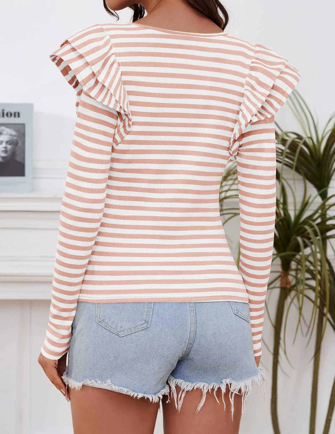 ZESICA Womens Ruffle Long Sleeve Scoop Neck Shirt Striped Slim Fitted Casual Basic Tee Tops Trendy Spring Clothes