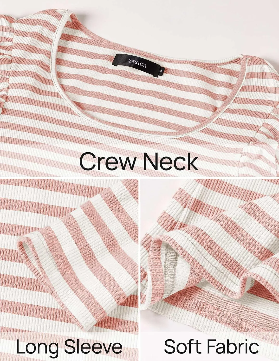 ZESICA Womens Ruffle Long Sleeve Scoop Neck Shirt Striped Slim Fitted Casual Basic Tee Tops Trendy Spring Clothes