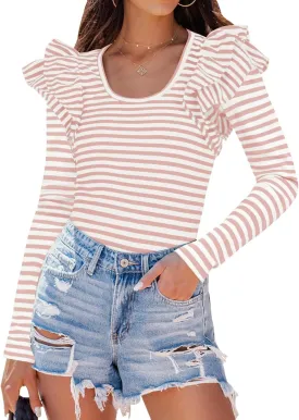 ZESICA Womens Ruffle Long Sleeve Scoop Neck Shirt Striped Slim Fitted Casual Basic Tee Tops Trendy Spring Clothes